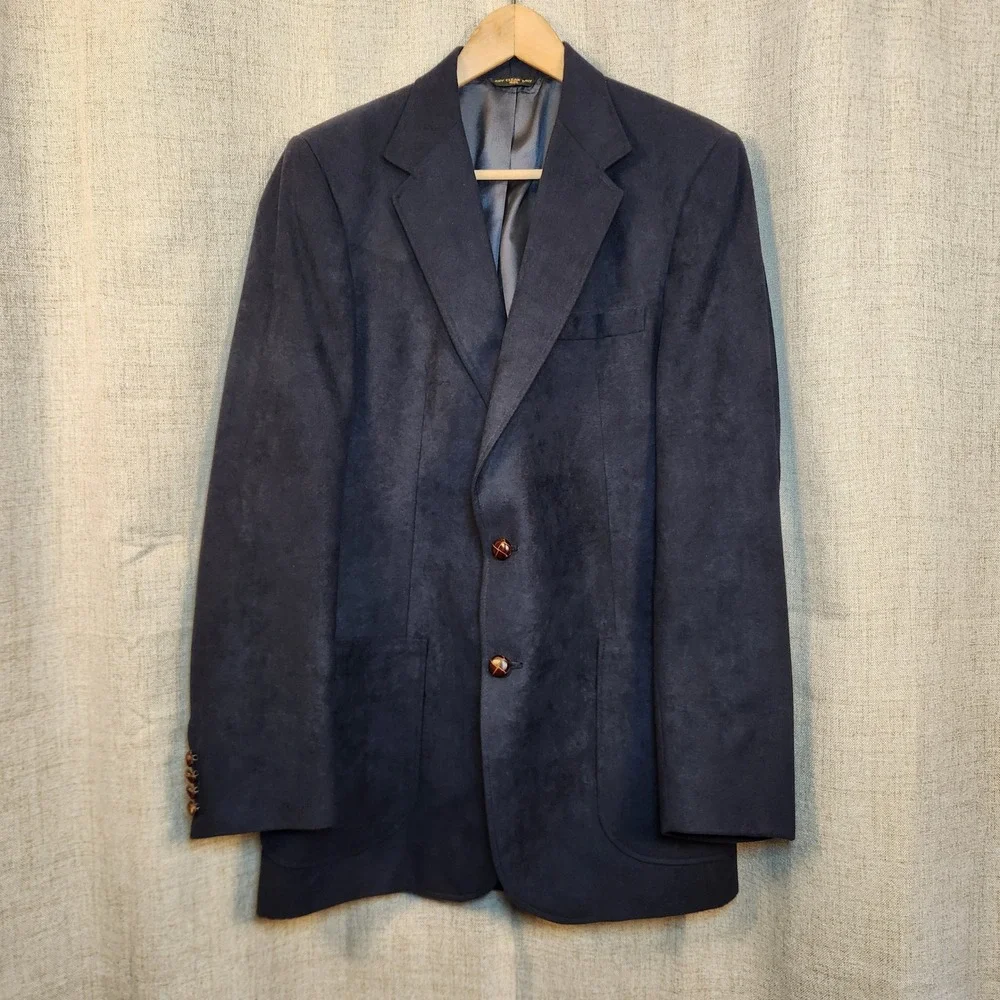 VTG Gallery by Haggar Sport Coat Mens 42L Navy Blue Faux Suede Blazer Two Button